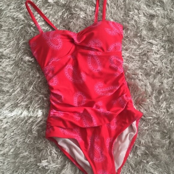 NEW! BODEN SORRENTO One Piece SWIMSUIT Red Paisley Size 8 Bandeau Style - Picture 4 of 8